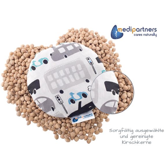 Medi Partners Kirschkernkissen Mikrowelle für Babys 180g rund 15cm Körnerkissen Wärmekissen 100% Baumwolle Öko Natur - Kirschkernkissen Wärme + Kältetherapie Massagetherapie (Graue Autos)