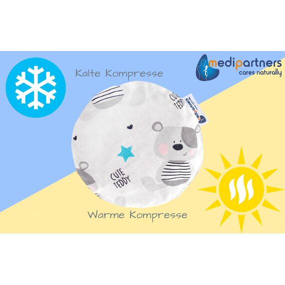 Medi Partners Kirschkernkissen Mikrowelle für Babys 180g rund 15cm Körnerkissen Wärmekissen 100% Baumwolle Öko Natur - Kirschkernkissen Wärme + Kältetherapie Massagetherapie (Teddybär)