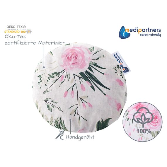 Medi Partners Kirschkernkissen Mikrowelle für Babys 180g rund 15cm Körnerkissen Wärmekissen 100% Baumwolle Öko Natur - Kirschkernkissen Wärme + Kältetherapie Massagetherapie (rosa Blüten)