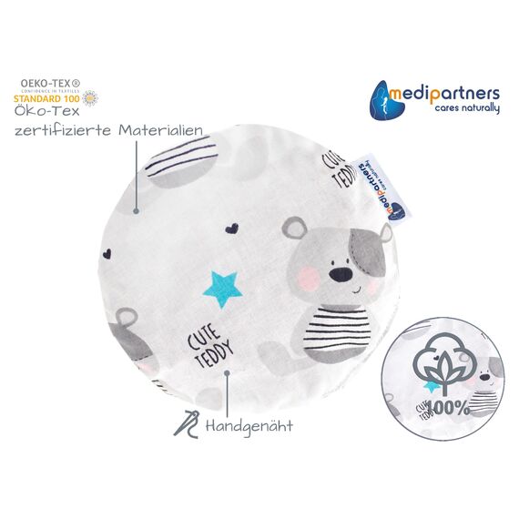 Medi Partners Kirschkernkissen Mikrowelle für Babys 180g rund 15cm Körnerkissen Wärmekissen 100% Baumwolle Öko Natur - Kirschkernkissen Wärme + Kältetherapie Massagetherapie (Teddybär)