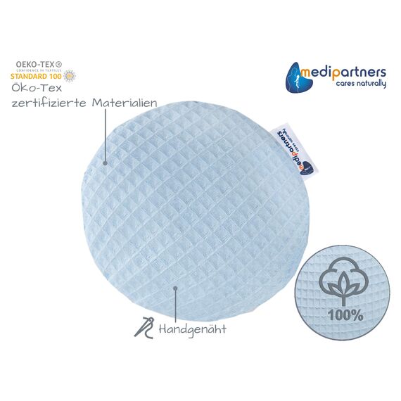 Medi Partners Kirschkernkissen Mikrowelle für Babys 180g rund 15cm Körnerkissen Wärmekissen 100% Baumwolle Öko Natur - Kirschkernkissen Wärme + Kältetherapie Massagetherapie (Blau Waffel)