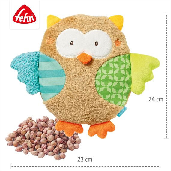 Fehn 071474 Kirschkernkissen Eule – wohltuendes Wärme- und Kältekissen in süßem Eulen Design für Babys und Kleinkinder ab 0+ Monaten – Maße: 20 cm