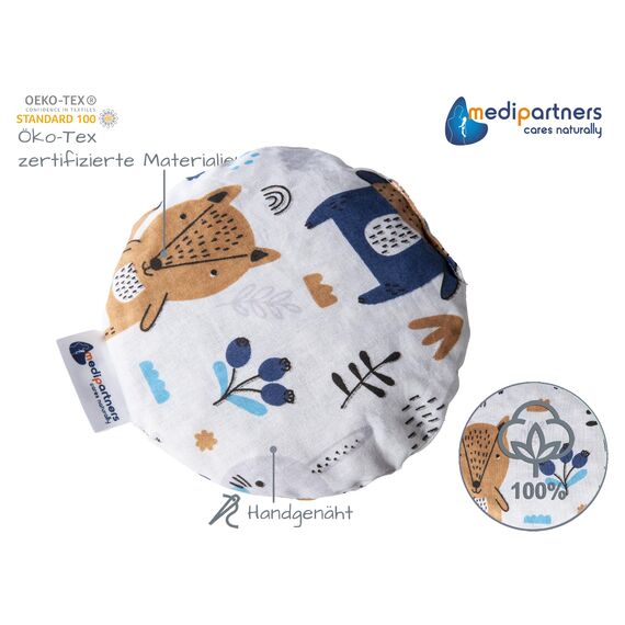 Medi Partners Kirschkernkissen Mikrowelle für Babys 180g rund 15cm Körnerkissen Wärmekissen 100% Baumwolle Öko Natur - Kirschkernkissen Wärme + Kältetherapie Massagetherapie (Boho Animals)