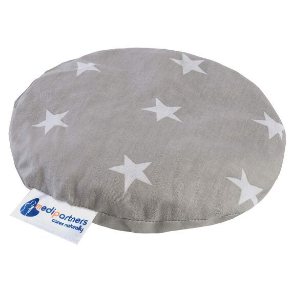 Medi Partners Kirschkernkissen Mikrowelle für Babys 180g rund 15cm Körnerkissen Wärmekissen 100% Baumwolle Öko Natur - Kirschkernkissen Wärme + Kältetherapie Massagetherapie (weiße Sterne mit grau)