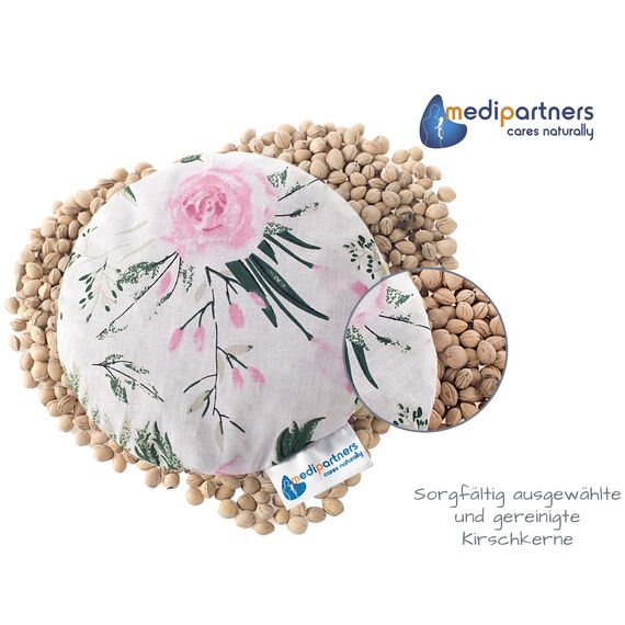 Medi Partners Kirschkernkissen Mikrowelle für Babys 180g rund 15cm Körnerkissen Wärmekissen 100% Baumwolle Öko Natur - Kirschkernkissen Wärme + Kältetherapie Massagetherapie (rosa Blüten)