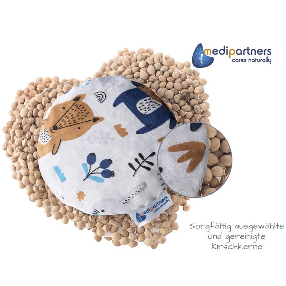 Medi Partners Kirschkernkissen Mikrowelle für Babys 180g rund 15cm Körnerkissen Wärmekissen 100% Baumwolle Öko Natur - Kirschkernkissen Wärme + Kältetherapie Massagetherapie (Boho Animals)