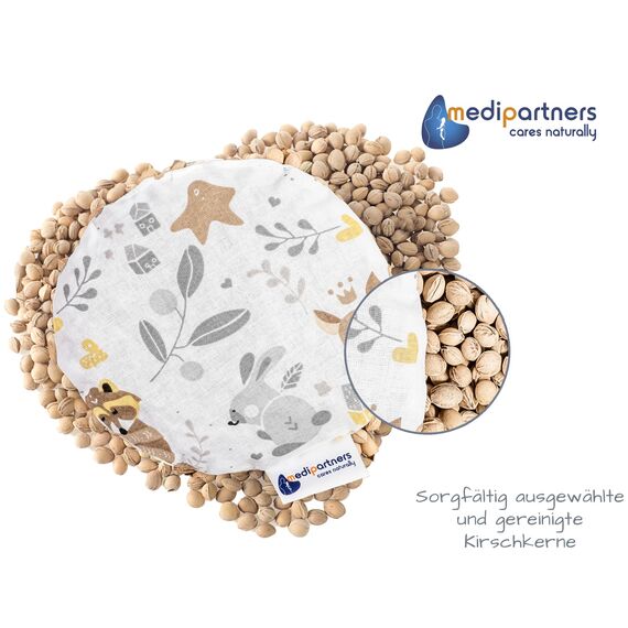 Medi Partners Kirschkernkissen Mikrowelle für Babys 180g rund 15cm Körnerkissen Wärmekissen 100% Baumwolle Öko Natur - Kirschkernkissen Wärme + Kältetherapie Massagetherapie (Reh)
