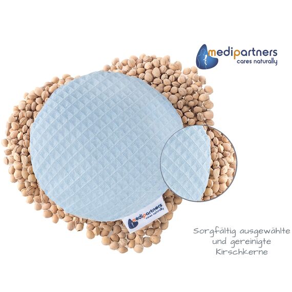 Medi Partners Kirschkernkissen Mikrowelle für Babys 180g rund 15cm Körnerkissen Wärmekissen 100% Baumwolle Öko Natur - Kirschkernkissen Wärme + Kältetherapie Massagetherapie (Blau Waffel)