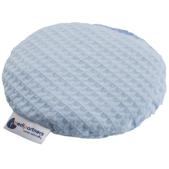 Medi Partners Kirschkernkissen Mikrowelle für Babys 180g rund 15cm Körnerkissen Wärmekissen 100% Baumwolle Öko Natur - Kirschkernkissen Wärme + Kältetherapie Massagetherapie (Blau Waffel)