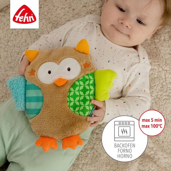 Fehn 071474 Kirschkernkissen Eule – wohltuendes Wärme- und Kältekissen in süßem Eulen Design für Babys und Kleinkinder ab 0+ Monaten – Maße: 20 cm