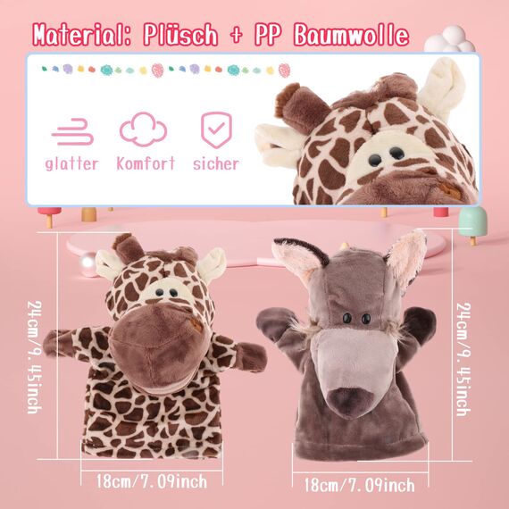 Sharplace Handpuppen Tierhandpuppen für Kinder Plüschtiere Erzählen Geschichte, Unterrichten, im Vorschulalter und als Geburtstagsgeschenk, Rollenspiel, Wolf Handpuppe + Giraffe Handpuppe