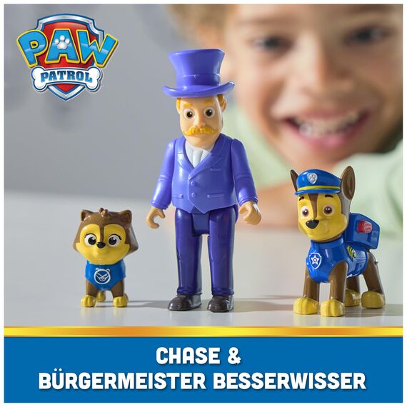 PAW PATROL Hero Pups – Actionfiguren-Set mit 1 Chase Hundefigur, 1 Chaos-Kätzchen Figur und 1 Bürgermeister Besserwisser Figur, Spielzeug geeignet für Kinder ab 3 Jahren