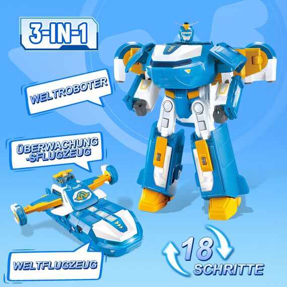 Super Wings 3-in-1 Weltflugzeug Verwandlungs-Spielzeug mit Licht- und Soundeffekten, 2 Zoll verwandelbarer Roboter Jett, Rollenspielzeug für Kinder ab 3 Jahren, Geschenke für Jungen und Mädchen, Blau