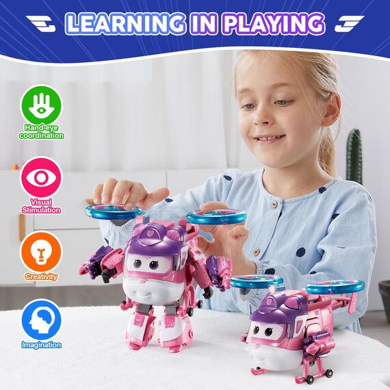 Super Wings Transformations-Flugzeug Supercharged Dizzy, ca. 12,7 cm große Spiel-Figur für Kinder, Spielzeug-Flugzeug und Roboterfigur für 3+ Jahre Alten Jungen Mädchen, Rosa