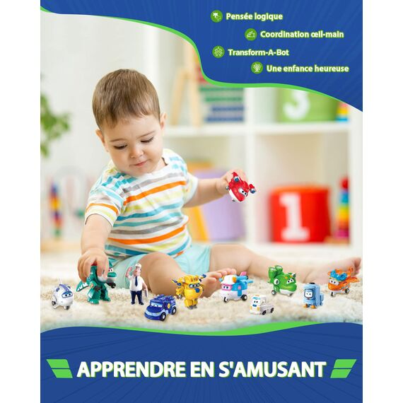 Super Wings World Airport Crew Verwandlungsroboter-Set, 8 Transformationsroboter und 7 PVC-Figuren, Verwandelbare Spielflugzeuge und Roboterfiguren für Jungen und Mädchen ab 3 Jahren