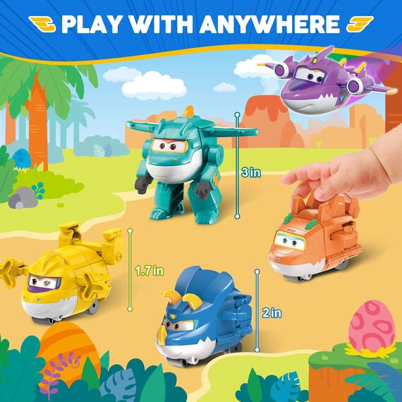 Super Wings Transforming Kinderspielzeug 14 Pack, 2-Zoll-Flugzeug-Spielzeug mit Roboter 4pcs, Dinosaurier-Spielzeug 4pcs mit Pokeable Surprise-Geschenkbox für Jungen und Mädchen ab 3 Jahren