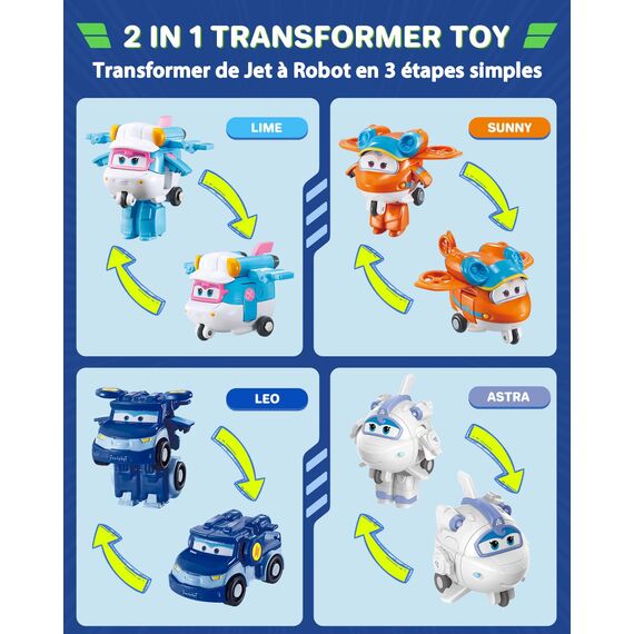 Super Wings World Airport Crew Verwandlungsroboter-Set, 8 Transformationsroboter und 7 PVC-Figuren, Verwandelbare Spielflugzeuge und Roboterfiguren für Jungen und Mädchen ab 3 Jahren