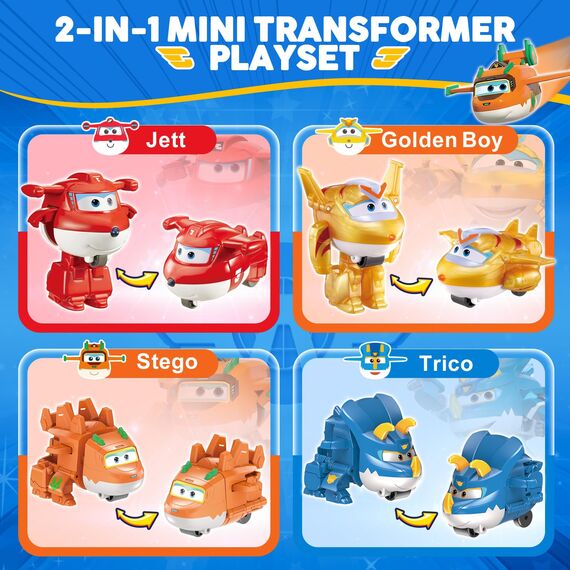 Super Wings Transforming Kinderspielzeug 14 Pack, 2-Zoll-Flugzeug-Spielzeug mit Roboter 4pcs, Dinosaurier-Spielzeug 4pcs mit Pokeable Surprise-Geschenkbox für Jungen und Mädchen ab 3 Jahren