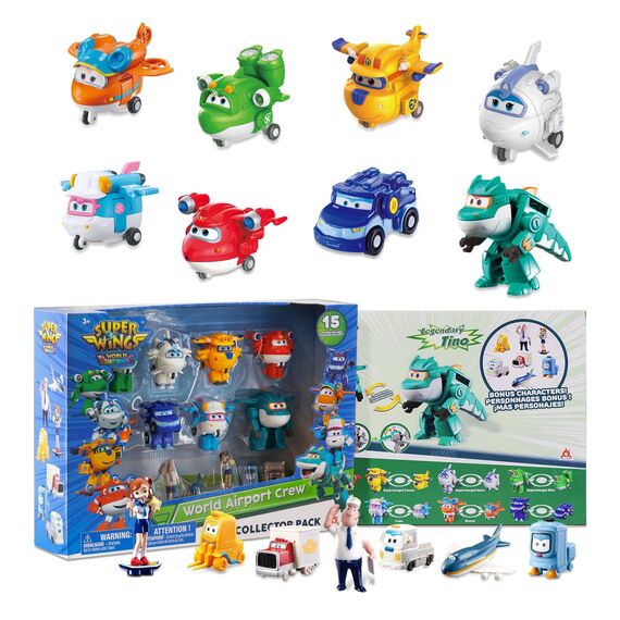 Super Wings World Airport Crew Verwandlungsroboter-Set, 8 Transformationsroboter und 7 PVC-Figuren, Verwandelbare Spielflugzeuge und Roboterfiguren für Jungen und Mädchen ab 3 Jahren