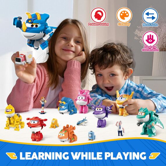 Super Wings Transforming Kinderspielzeug 14 Pack, 2-Zoll-Flugzeug-Spielzeug mit Roboter 4pcs, Dinosaurier-Spielzeug 4pcs mit Pokeable Surprise-Geschenkbox für Jungen und Mädchen ab 3 Jahren