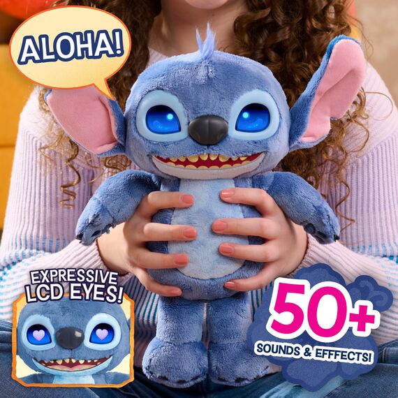 Just Play Disney Stitch Many Moods 34,3 cm großes interaktives Plüschtier, 50+ Soundeffekte und Sprüche, ausdrucksvolle LCD-Augen, Kinderspielzeug ab 3 Jahren