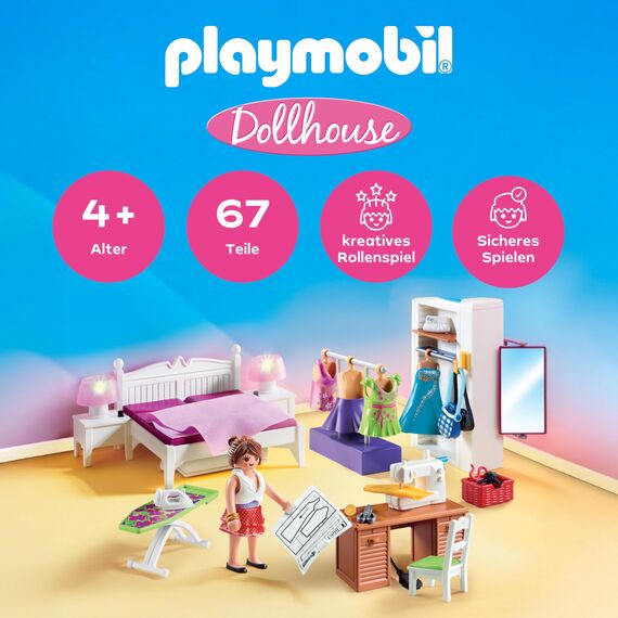 PLAYMOBIL 70208 Dollhouse Abwechslung Schlafzimmer mit Nähecke, ab 4 Jahren, bunt, one Size