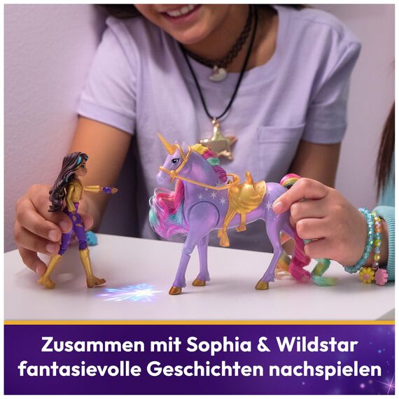 Unicorn Academy - Sophia und Licht-Magie Wildstar Set, ca. 12 cm Originalfiguren zur Netflix Serie, mit Mähne, Schweif sowie magischer Leuchtfunktion und Regenbogensternen, ab 4 Jahren