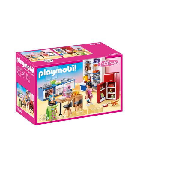PLAYMOBIL Dollhouse 70206 Familienküche, Küchenzeile mit Backofen, Spülmaschine, Kühlschrank und Essbereich sowie cleveren Utensilien zum Kochen, Ab 4 Jahren
