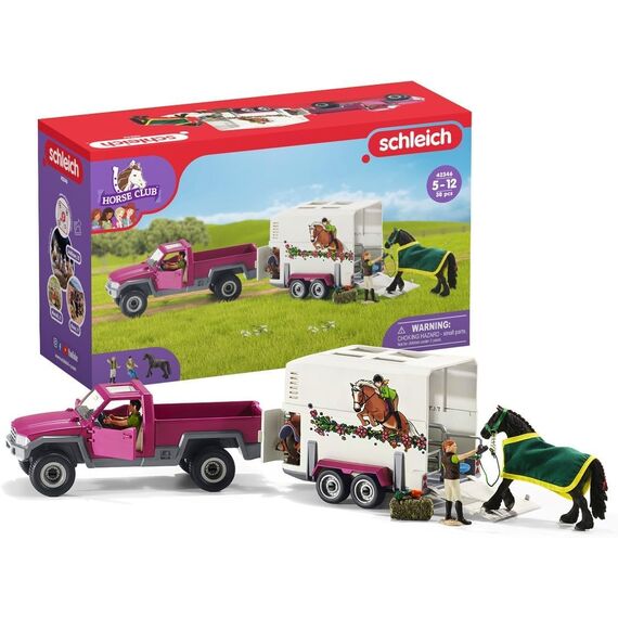 Schleich Horse Club | Pick-up mit Pferdeanhänger 42346 | Set inkl. Fahrzeug, Anhänger, Pferd, 2 menschliche Figuren & Zubehör | Pferdespielzeug & Geschenk für Kinder | 38-teiliges Spielset