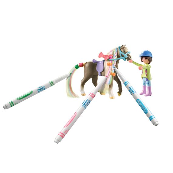 PLAYMOBIL Horses of Waterfall 71640 Kreativset mit Pferd und Stiften, inklusive Einer Figur, einem Pferd und DREI Crayola Stiften, künstlerisches Spielzeug für Kinder ab 5 Jahren