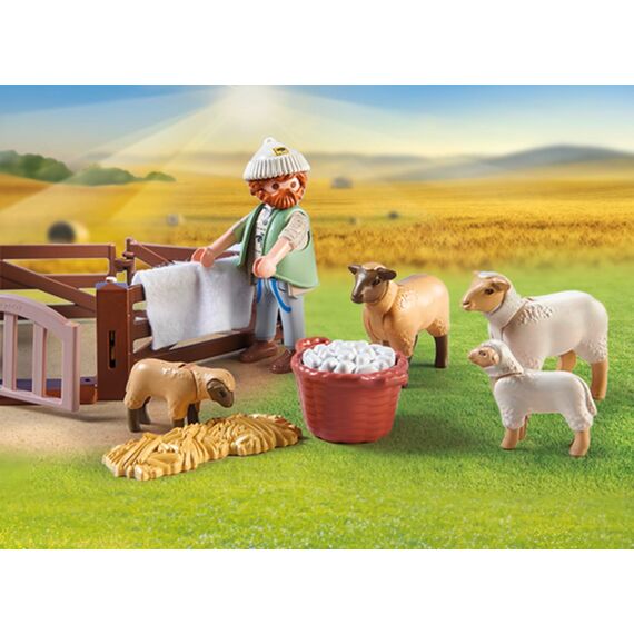 PLAYMOBIL Country 71444 Junger Schäfer mit Schafen, Hüten und Pflegen der Schafe mithilfe des Bordercollies, mit Zubehör wie Haartrimmer und Strohballen, nachhaltiges Spielzeug für Kinder ab 4 Jahren