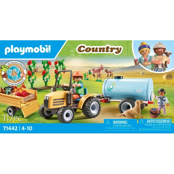 PLAYMOBIL Country 71442 Traktor mit Anhänger und Wassertank, frische Ernte auf dem Bauernhof, spielerisches Lernen über die Umwelt, nachhaltiges Spielzeug für Kinder ab 4 Jahren