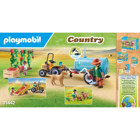 PLAYMOBIL Country 71442 Traktor mit Anhänger und Wassertank, frische Ernte auf dem Bauernhof, spielerisches Lernen über die Umwelt, nachhaltiges Spielzeug für Kinder ab 4 Jahren