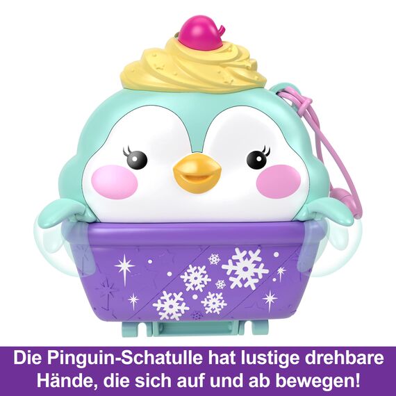Polly Pocket Winterliche Pinguin Schatulle - Spielset mit 2 Puppen, 12 Accessoires und 6 Elementen im Winter-Wunderland, Schneemann und Iglu-Rutsche, für Kinder ab 4 Jahren, HRD34