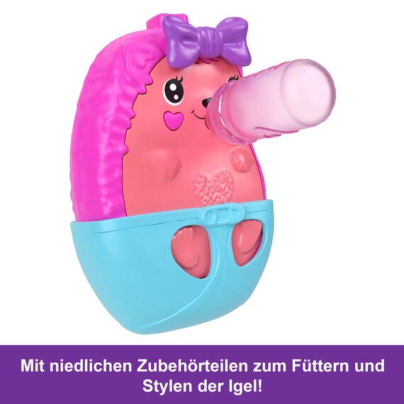 Polly Pocket 2-in-1 Reisespielzeug mit 2 Mikropuppen und 16 Accessoires, Igel-Handtaschen-Spielset, Haustierthema, JBJ91