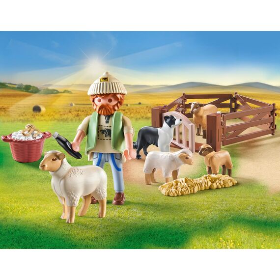 PLAYMOBIL Country 71444 Junger Schäfer mit Schafen, Hüten und Pflegen der Schafe mithilfe des Bordercollies, mit Zubehör wie Haartrimmer und Strohballen, nachhaltiges Spielzeug für Kinder ab 4 Jahren