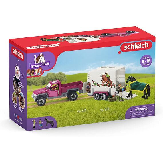 Schleich Horse Club | Pick-up mit Pferdeanhänger 42346 | Set inkl. Fahrzeug, Anhänger, Pferd, 2 menschliche Figuren & Zubehör | Pferdespielzeug & Geschenk für Kinder | 38-teiliges Spielset