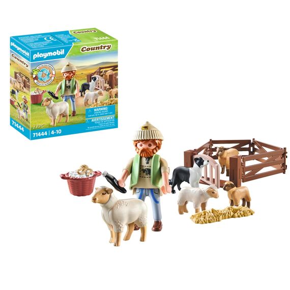 PLAYMOBIL Country 71444 Junger Schäfer mit Schafen, Hüten und Pflegen der Schafe mithilfe des Bordercollies, mit Zubehör wie Haartrimmer und Strohballen, nachhaltiges Spielzeug für Kinder ab 4 Jahren