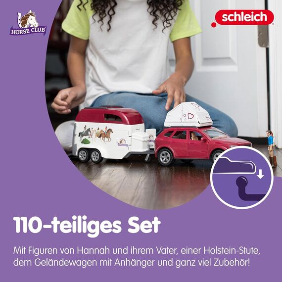 schleich HORSE CLUB | Abenteuer mit Auto und Pferdeanhänger 42535 | mit Hannah, Papa, Pferd und Zubehör | Geschenk für Mädchen und Jungen | Pferde Spielzeug für Kinder ab 5 Jahren | Set aus 110 Teilen