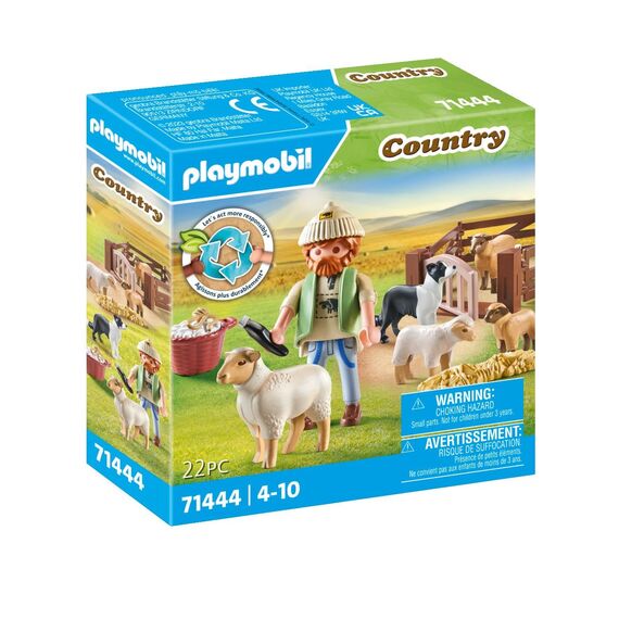 PLAYMOBIL Country 71444 Junger Schäfer mit Schafen, Hüten und Pflegen der Schafe mithilfe des Bordercollies, mit Zubehör wie Haartrimmer und Strohballen, nachhaltiges Spielzeug für Kinder ab 4 Jahren