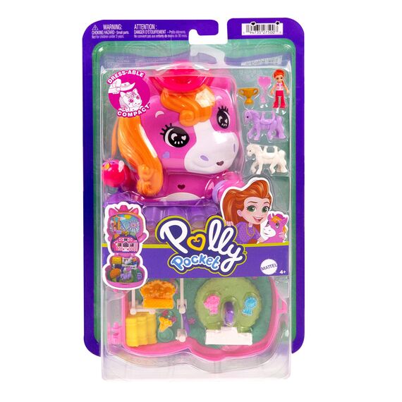 Polly Pocket Puppen und Spielset, Pony-Rodeo-Schatulle, Spielzeug für unterwegs mit 1 kleinen Puppe, Pferdchen, Zubehör für Mode und Essen, JCR39