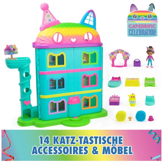 DREAMWORKS GABBY'S DOLLHOUSE - 15-teiliges Purrfect Party Puppenhaus Spielset im Regenbogen-Look, über 60cm mit Gabby-Figur, Möbeln und Geräuscheffekten, ab 3 Jahren