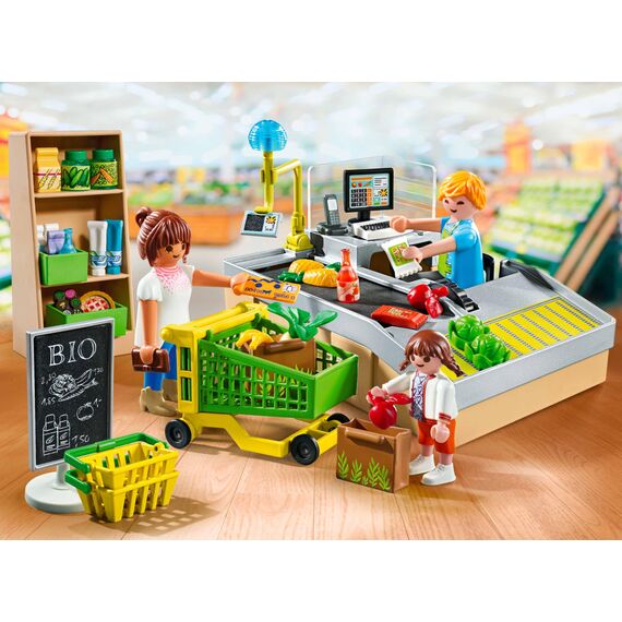 PLAYMOBIL MyLife Promo Pack 71648 Bio-Supermarkt, inklusive Kasse mit Warenlaufband, Einkaufswagen und DREI Figuren, detailreiches Spielzeug für Kinder ab 4 Jahren