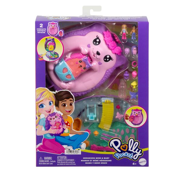 Polly Pocket 2-in-1 Reisespielzeug mit 2 Mikropuppen und 16 Accessoires, Igel-Handtaschen-Spielset, Haustierthema, JBJ91