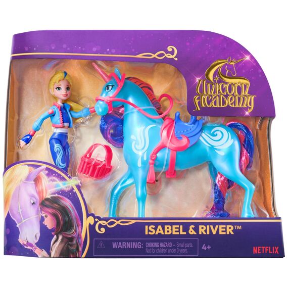 Unicorn Academy Isabel und Einhorn River Set - ca. 12 cm große Originalfiguren zur beliebten Netflix Serie mit Zwei Accessoires und Haarbürste für fantasievolles Rollenspiel, für Kinder ab 4 Jahren