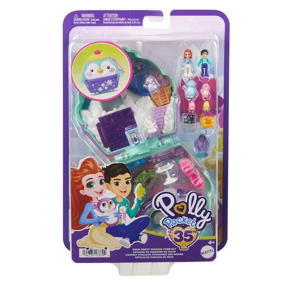 Polly Pocket Winterliche Pinguin Schatulle - Spielset mit 2 Puppen, 12 Accessoires und 6 Elementen im Winter-Wunderland, Schneemann und Iglu-Rutsche, für Kinder ab 4 Jahren, HRD34
