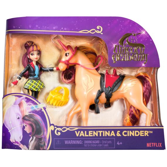 Unicorn Academy Valentina und Einhorn Cinder Set - ca. 12 cm große Originalfiguren zur beliebten Netflix Serie mit zwei Accessoires und Haarbürste für kreatives Rollenspiel, für Kinder ab 4 Jahren