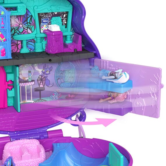 Polly Pocket Monster High Spielset mit 3 kleinen Puppen und 10 Zubehörteilen, Schulwelt im Inneren, tragbares Reisespielzeug mit Aufbewahrungsmöglichkeit, HVV58