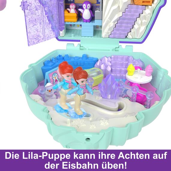Polly Pocket Winterliche Pinguin Schatulle - Spielset mit 2 Puppen, 12 Accessoires und 6 Elementen im Winter-Wunderland, Schneemann und Iglu-Rutsche, für Kinder ab 4 Jahren, HRD34