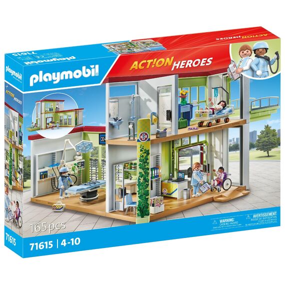 PLAYMOBIL Action Heroes 71615 Modernes Krankenhaus, mit Vier Figuren, medizinischen Geräten und Accessoires, zu über 80 % aus recycelten und biobasierten Materialien, Spielzeug für Kinder ab 4 Jahren